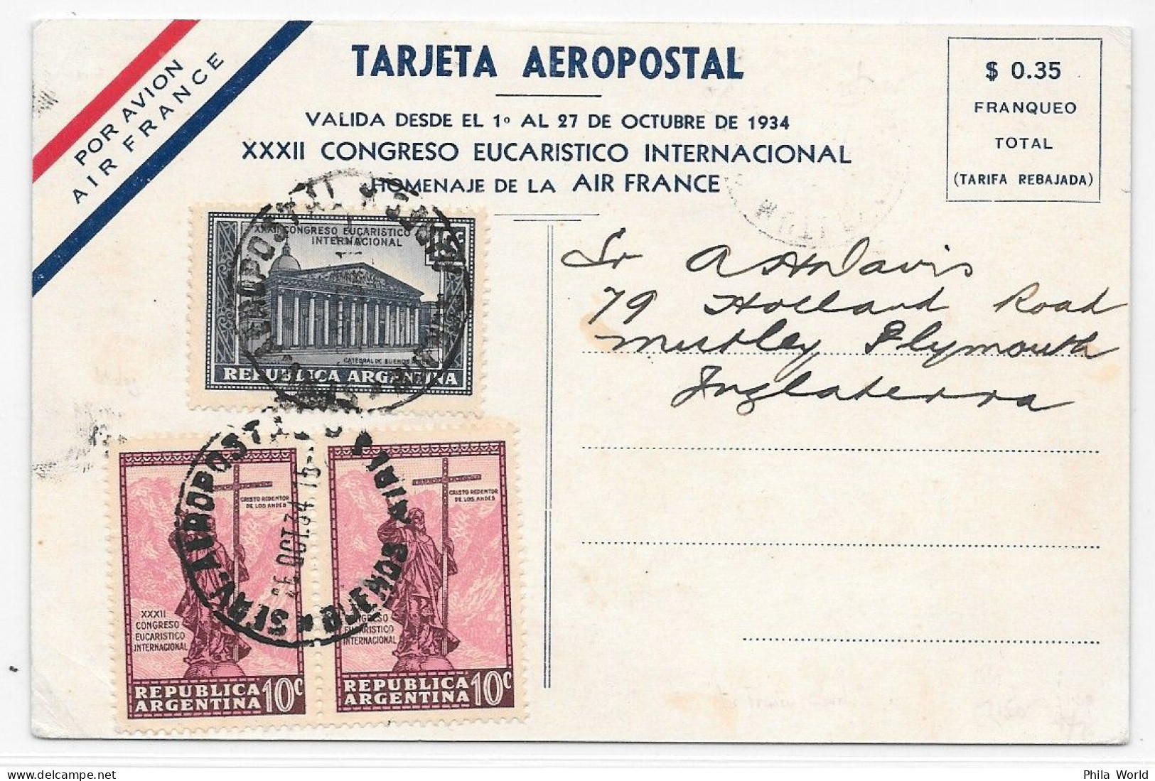 AIR FRANCE 1934 Argentine Tarjeta AEROPOSTAL Por Avion Congreso Eucaristico Pour ANGLETERRE Devon Plymouth Sacré Coeur - Avions