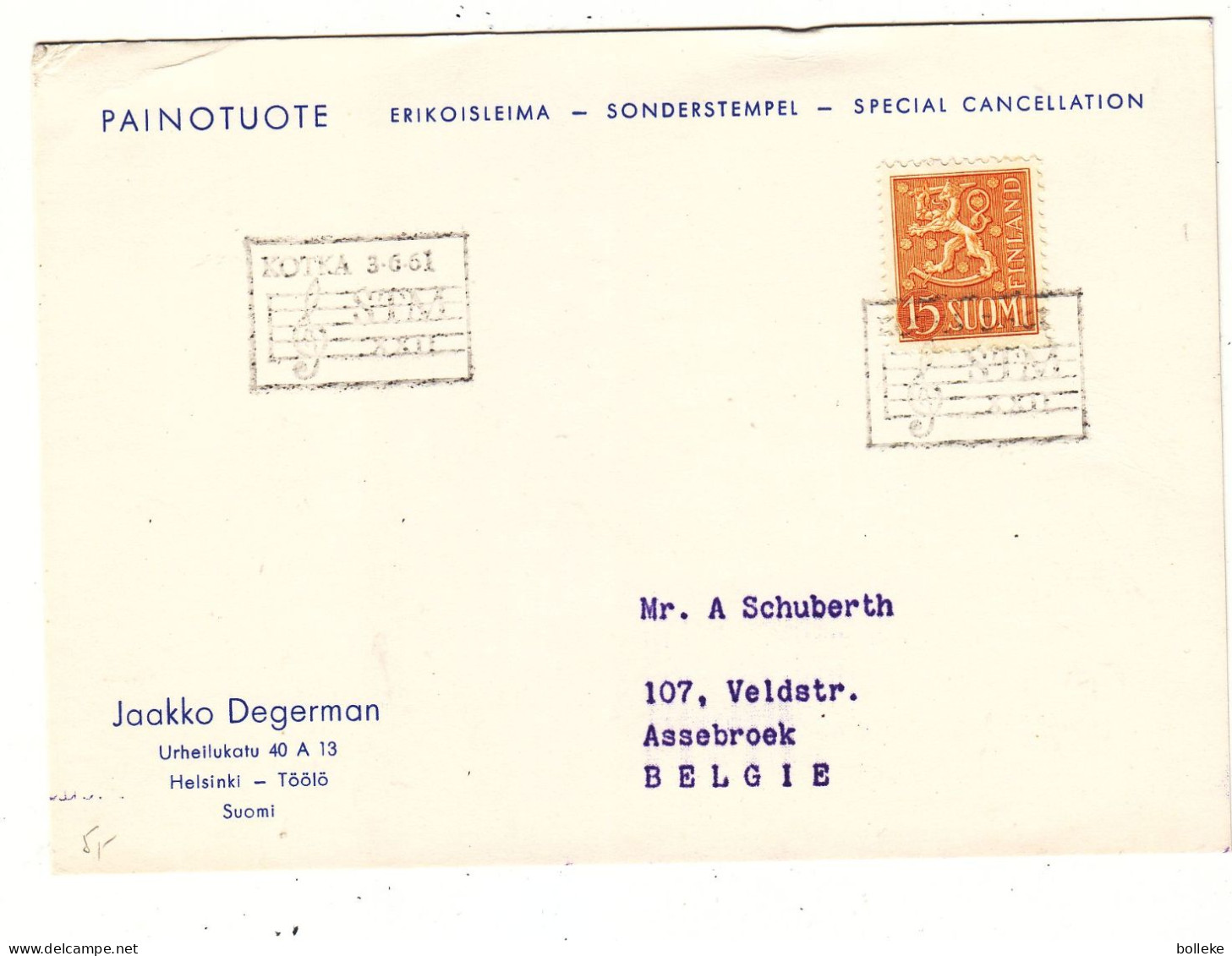 Finlande - Carte Postale De 1961 - Oblit Kotka - Musique - Solfège - - Covers & Documents