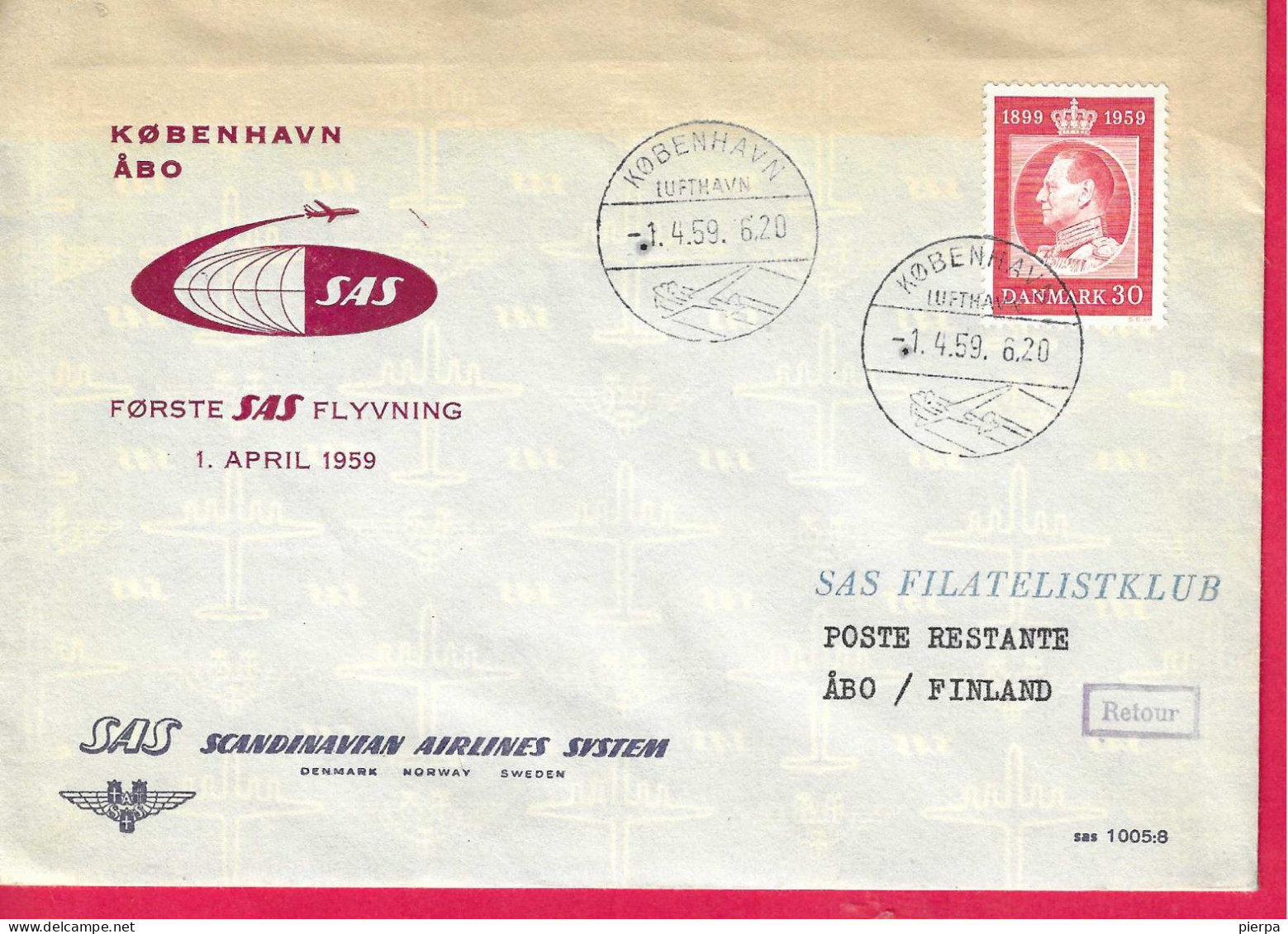 DANMARK - FIRST FLIGHT SAS FROM KOBENHAVN TO ABO * 1.4.59* ON OFFICIAL COVER - Poste Aérienne