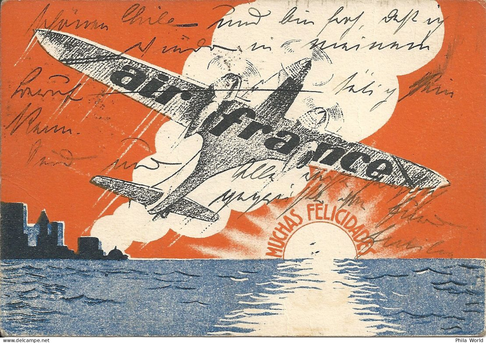 AIR FRANCE Chili CHILE CPNA Tarjeta Aeropostal 15A Carte Postale Nouvel An Voeux 1934 Muchas Felicidades - Storia Postale
