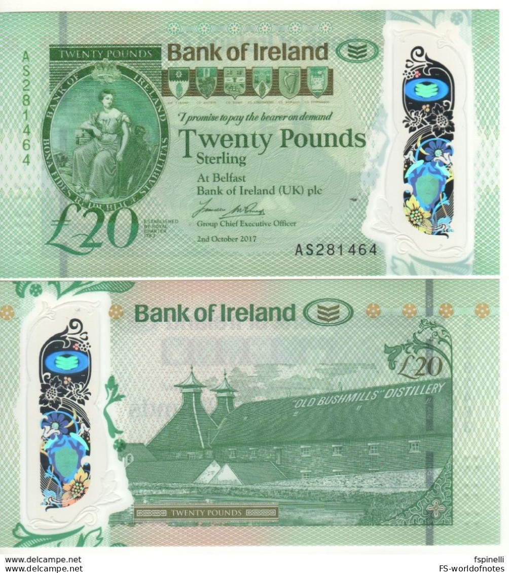 Northern IRELAND  £20  Bank Of Ireland  Polimer 2020 (dated 2nd October 2017)  Hibernia + Old Bushmills Distillery - 20 Pounds