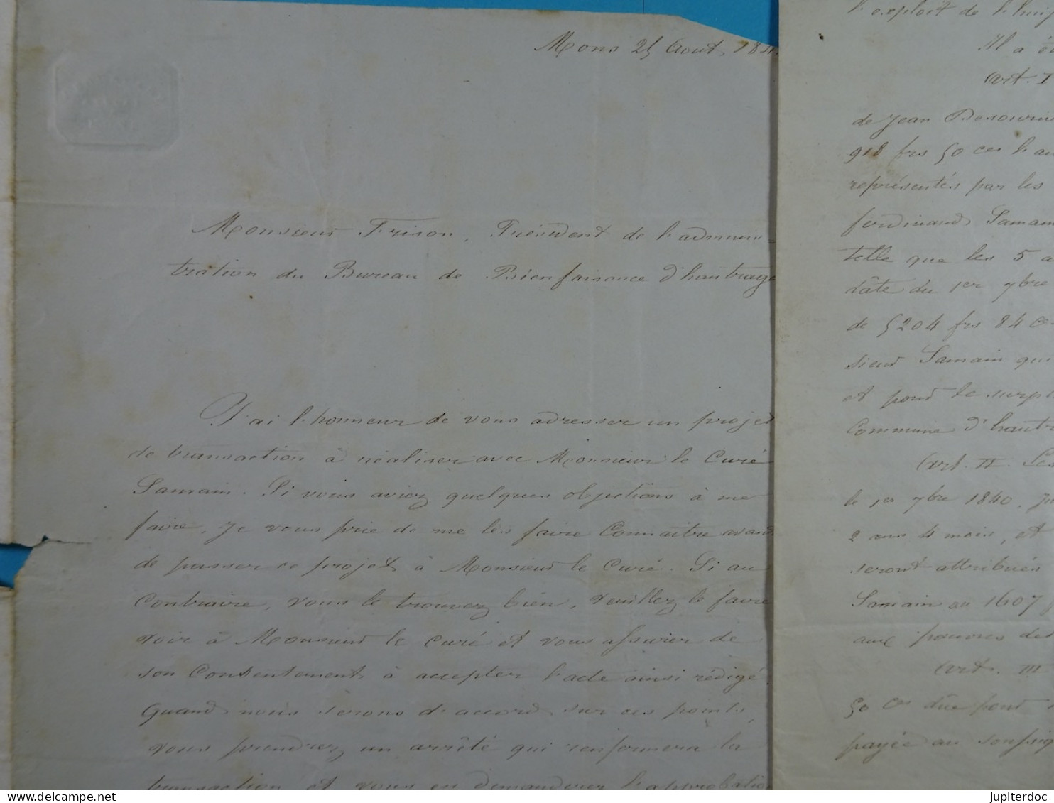 1844 Lettre à Mr Frison... Bureau De Bienfaisance D'Hautrage (St-Ghislain) - Cheques & Traveler's Cheques