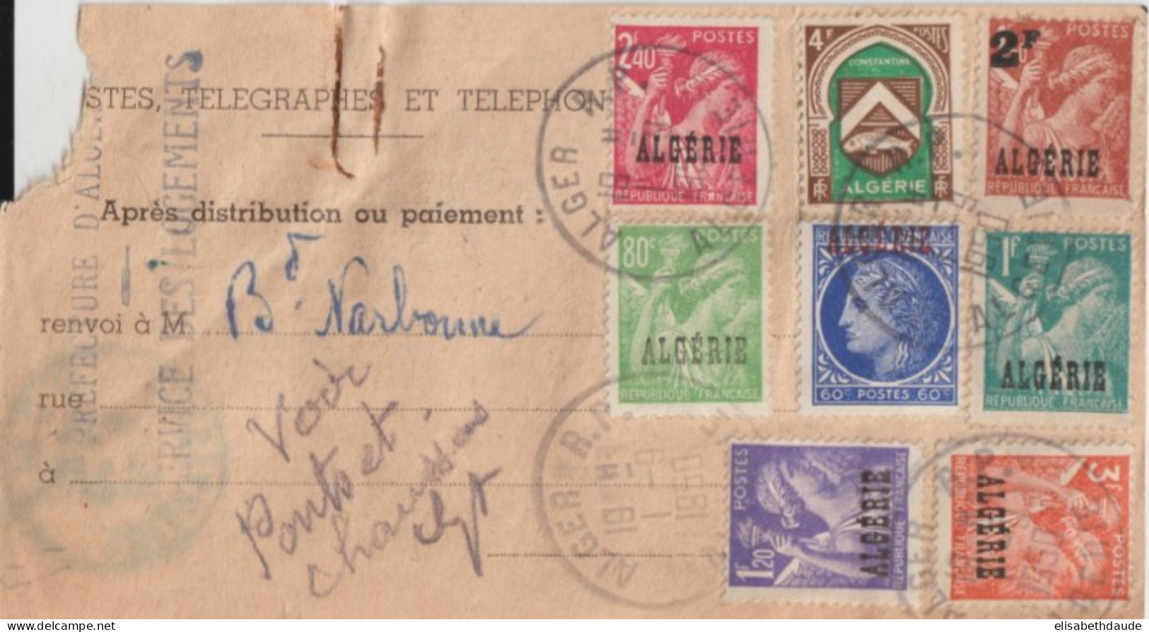 1950 - ALGERIE - RARE ET SPECTACULAIRE AFFR. IRIS / MAZELIN SURCHARGES / ARMOIRIES Sur AVIS DE RECEPTION !! De BONE - Briefe U. Dokumente