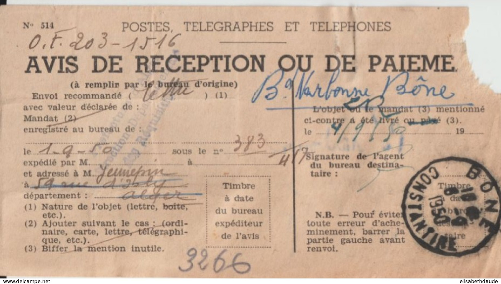 1950 - ALGERIE - RARE ET SPECTACULAIRE AFFR. IRIS / MAZELIN SURCHARGES / ARMOIRIES Sur AVIS DE RECEPTION !! De BONE - Brieven En Documenten