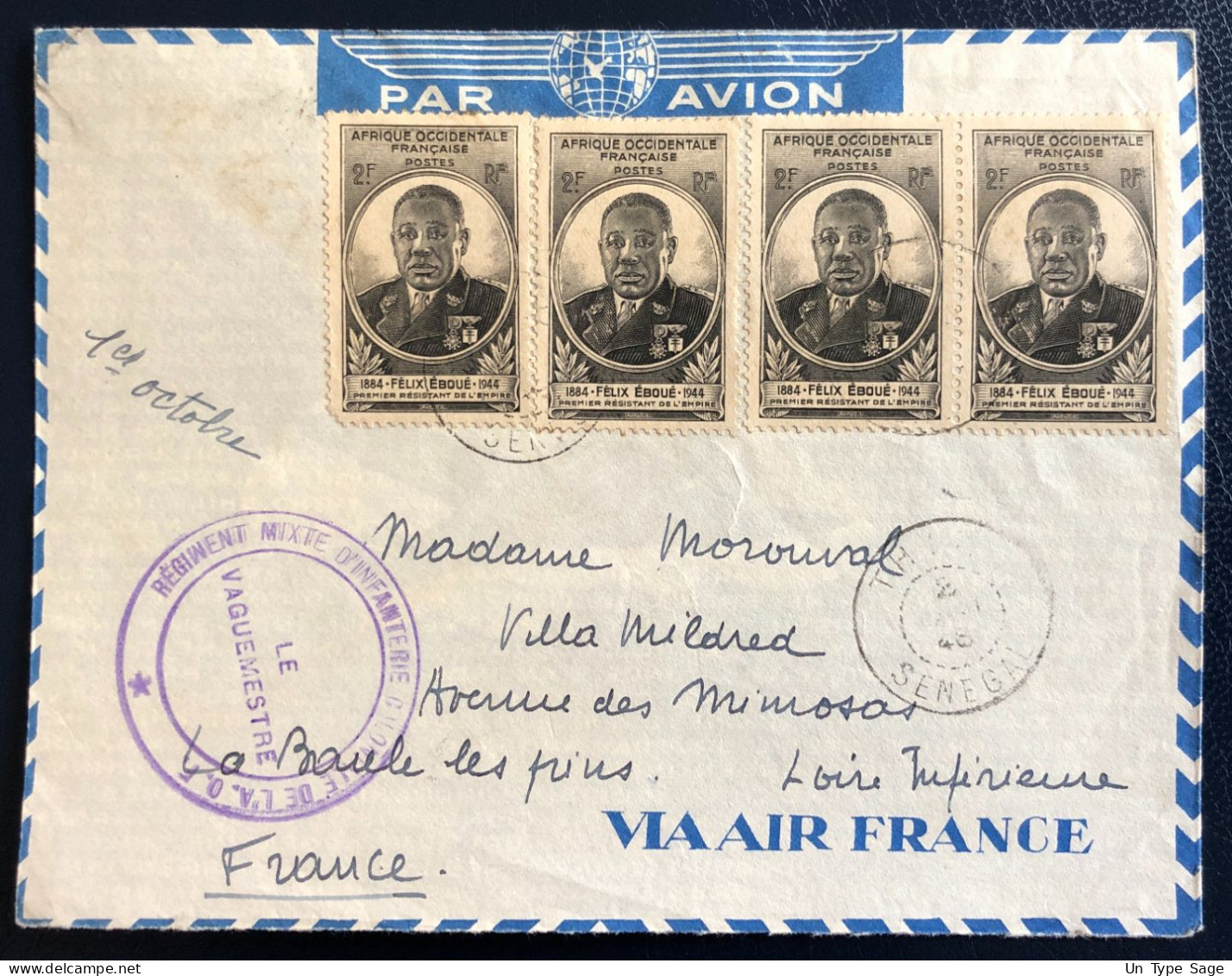 A.O.F Divers Sur Enveloppe TAD Thieo, Sénégal 2.10.1948 + Cachet Militaire - (B4666) - Cartas & Documentos
