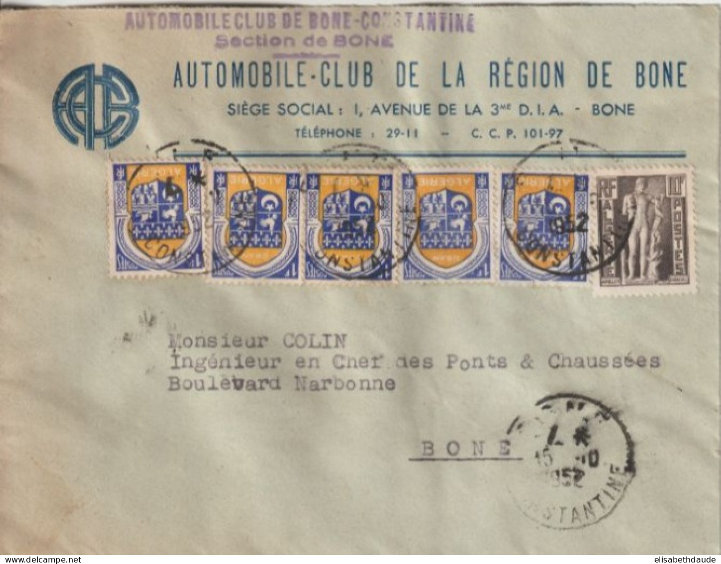 1952 - ALGERIE - ENVELOPPE PUB ILLUSTREE AUTOMOBILE-CLUB DE LA REGION DE BONE - Cartas & Documentos