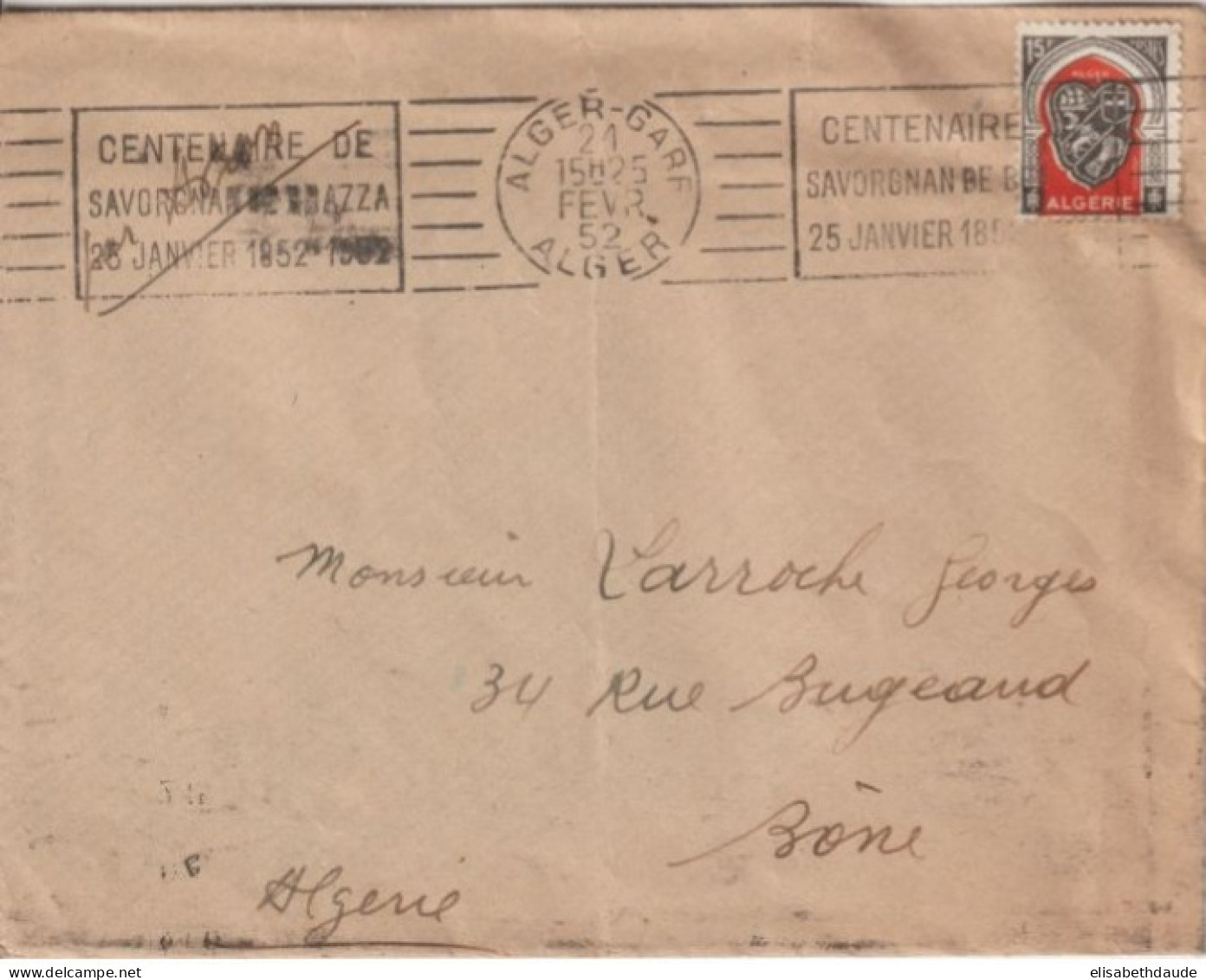 1952 - ALGERIE - OMEC / MECA TEMPORAIRE "CENTENAIRE SAVORGNAN DE BRAZZA" Sur ENVELOPPE AVION De ALGER GARE => BONE - Cartas & Documentos