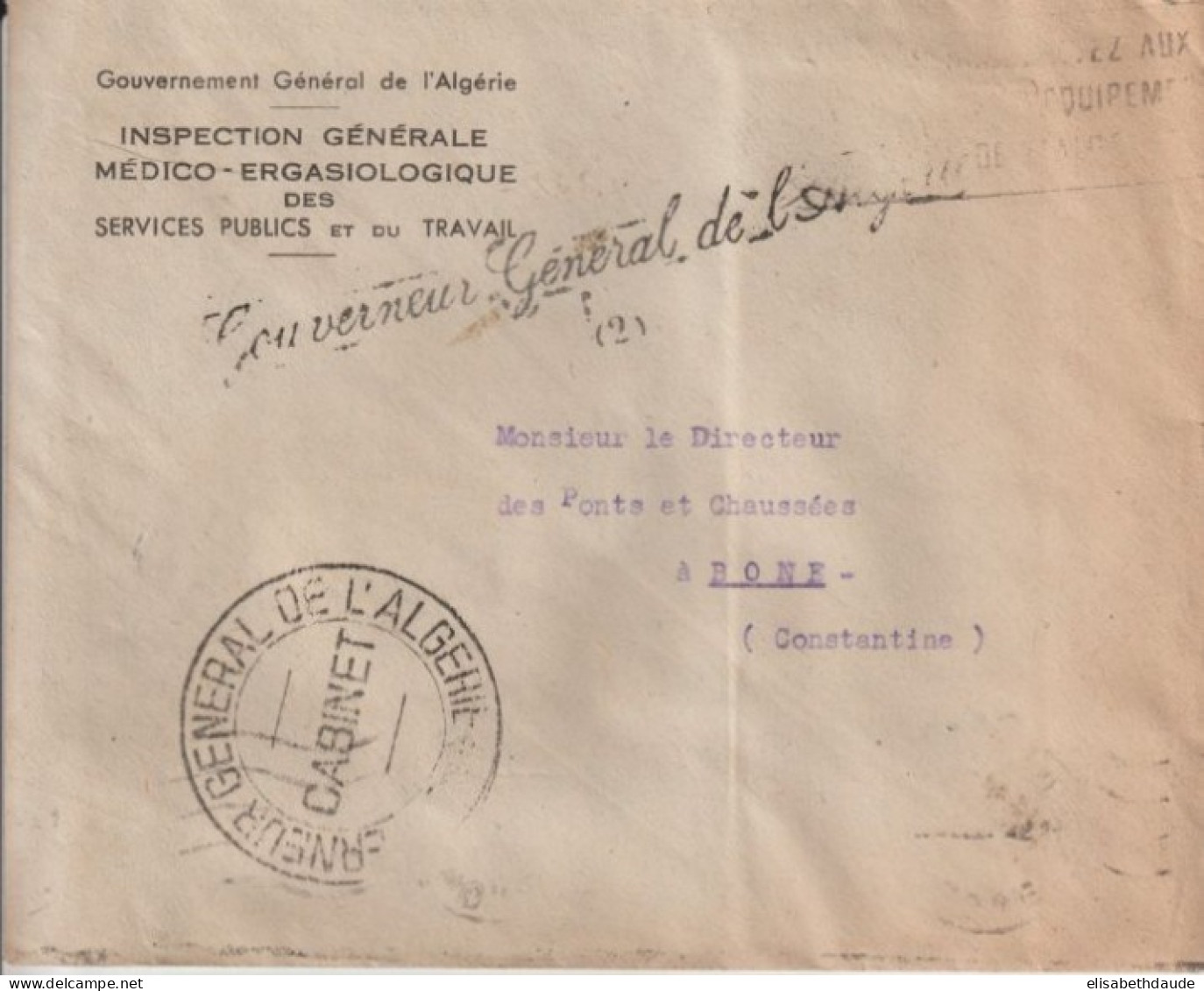 1951 - GOUVERNEMENT GENERAL De L'ALGERIE - ENVELOPPE En FRANCHISE Du CABINET Du GOUVERNEUR => BONE - Brieven En Documenten
