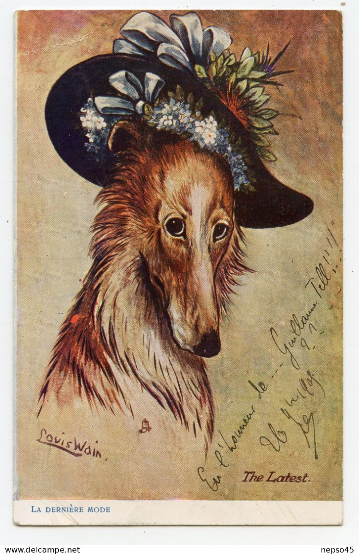 Illustrateur Louis Wain.Chien Lévrier Coiffé De Son Chapeau Fleuri. - Wain, Louis