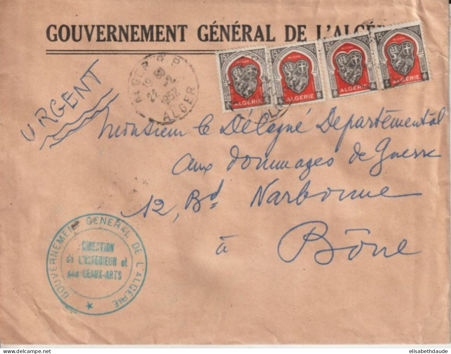 1952 - GOUVERNEMENT GENERAL De L'ALGERIE - ENVELOPPE TARIF "URGENT" (EXPRES) ! De La DIRECTION INTERIEUR Et BEAUX-ARTS - Covers & Documents