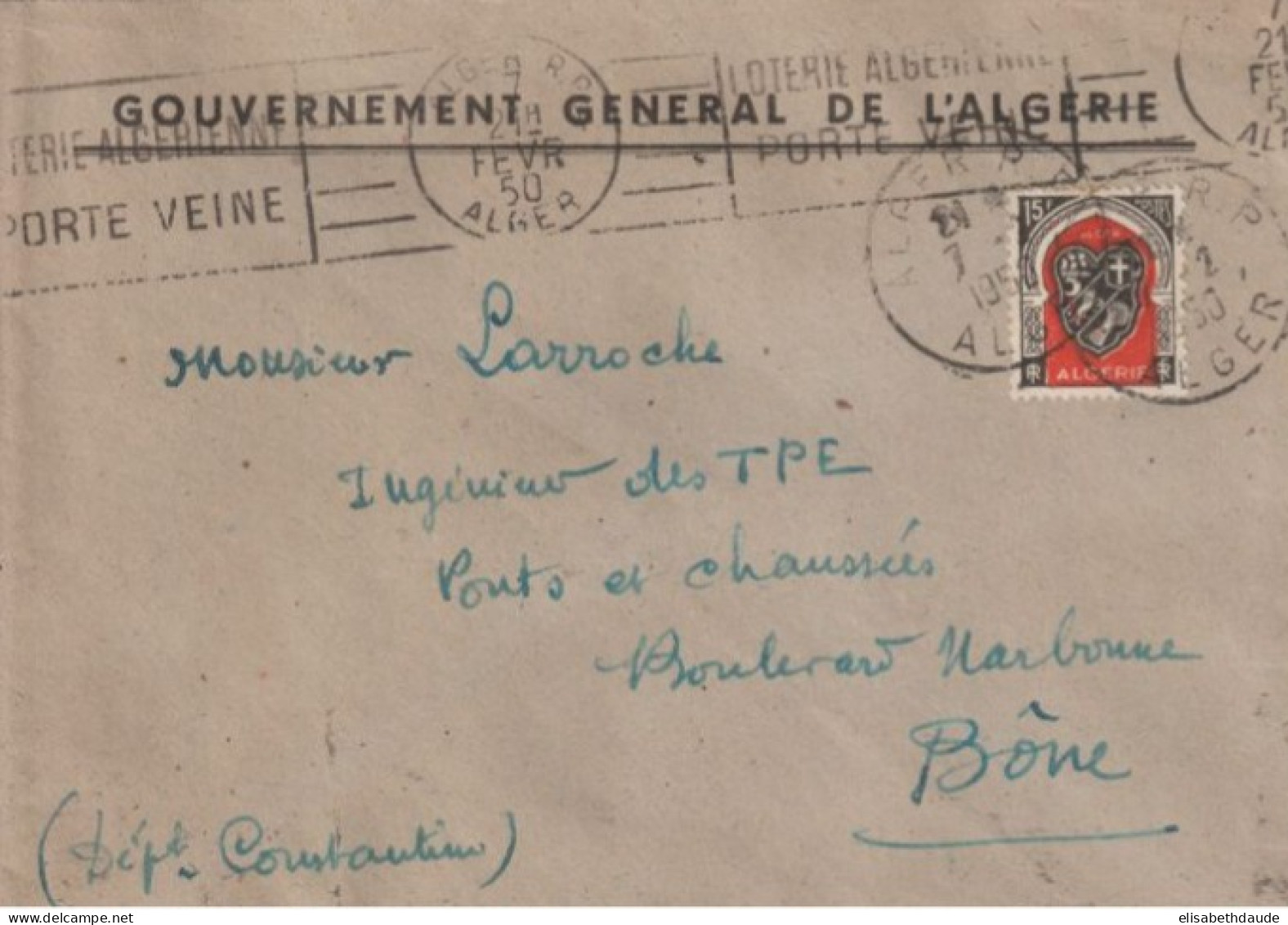 1950 - GOUVERNEMENT GENERAL De L'ALGERIE - ENVELOPPE Avec MECA "LOTERIE ALGERIENNE PORTE VEINE" - Storia Postale