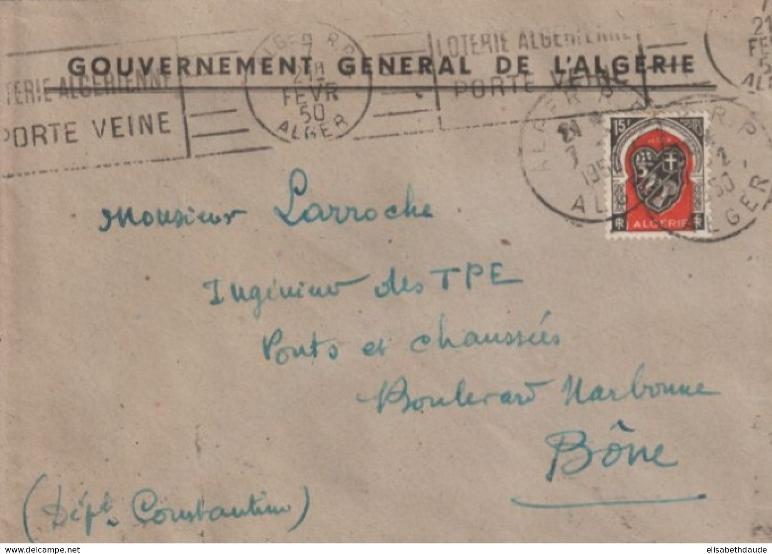 1950 - GOUVERNEMENT GENERAL De L'ALGERIE - ENVELOPPE Avec MECA "LOTERIE ALGERIENNE PORTE VEINE" - Briefe U. Dokumente