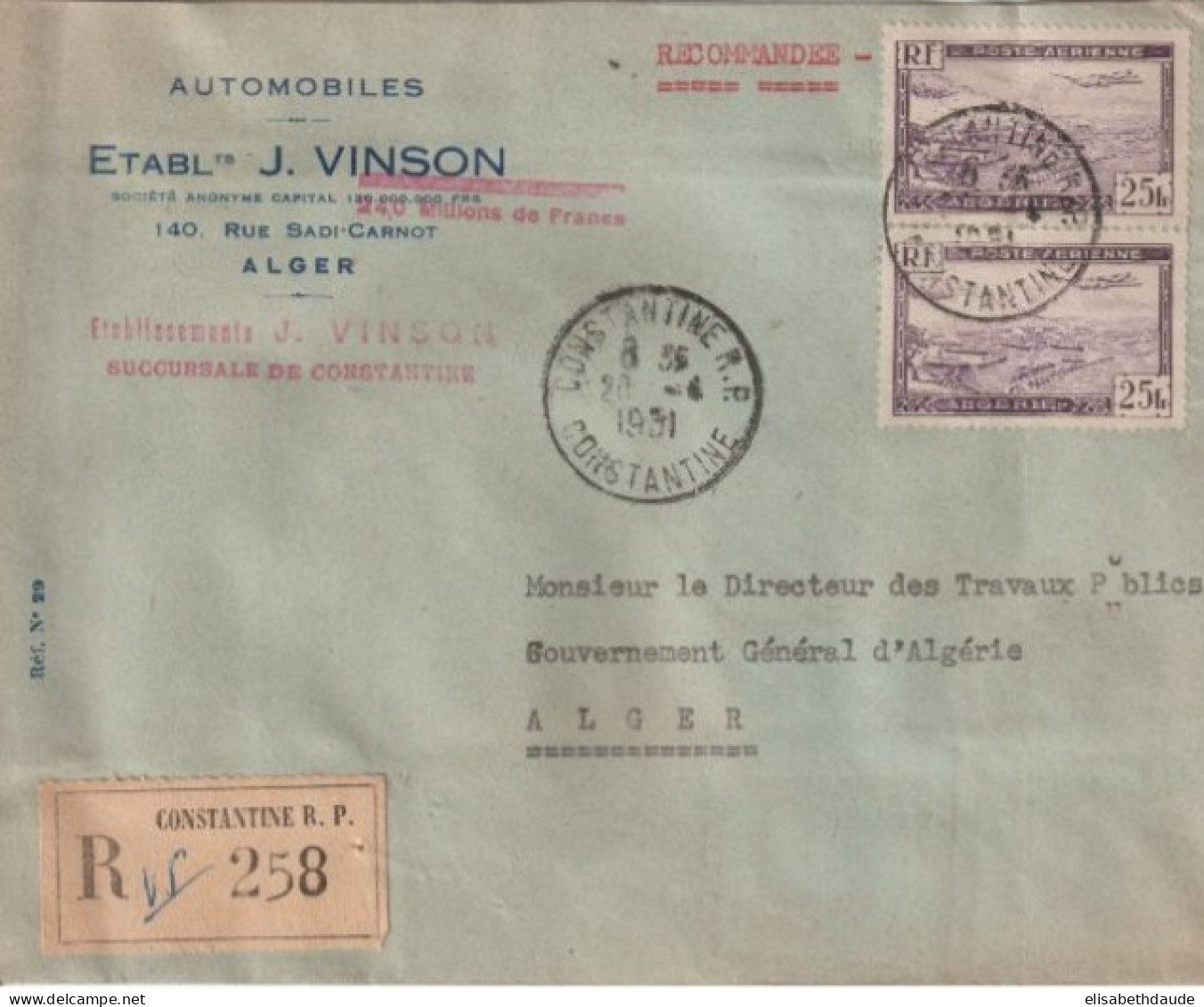 1951 - ALGERIE - POSTE AERIENNE ! ENVELOPPE COMMERCIALE RECO (AUTOMOBILES) De CONSTANTINE => GOUVERNEMENT GENERAL ALGER - Brieven En Documenten