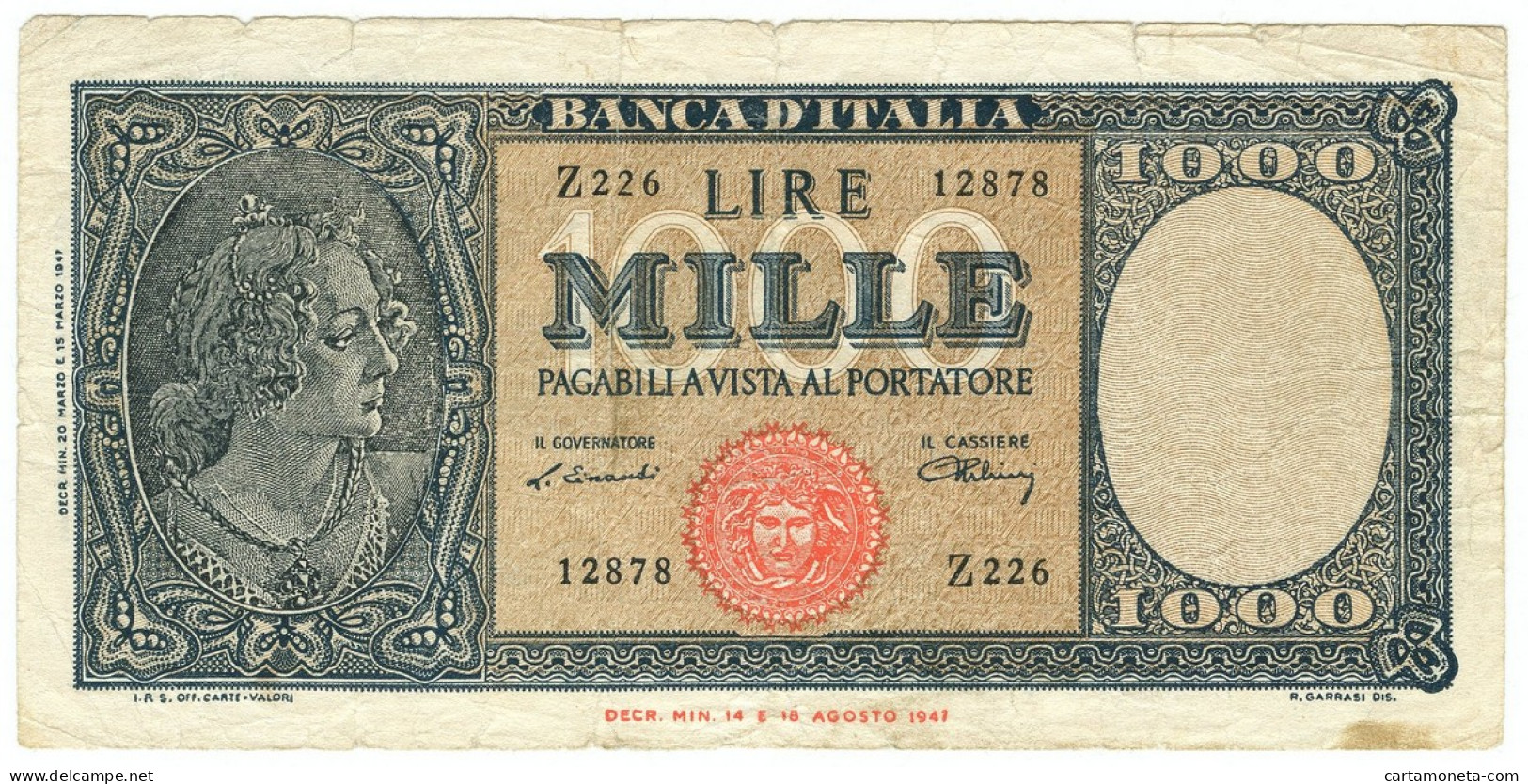 1000 LIRE FALSO D'EPOCA ITALIA ORNATA DI PERLE MEDUSA 20/03/1947 MB/BB - [ 8] Falsi & Saggi