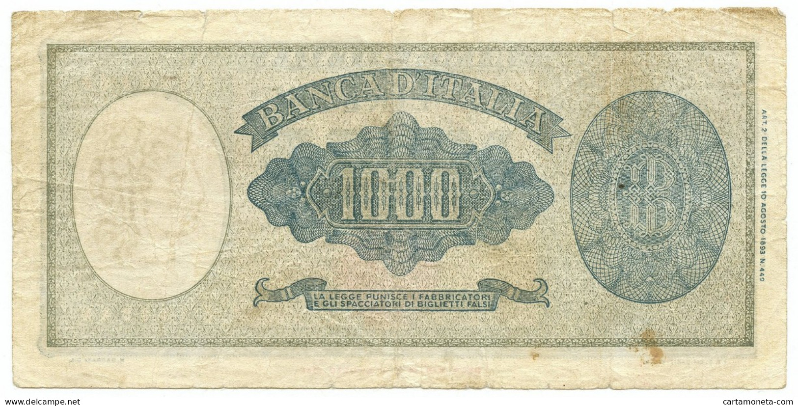 1000 LIRE FALSO D'EPOCA ITALIA ORNATA DI PERLE MEDUSA 20/03/1947 MB/BB - [ 8] Falsi & Saggi