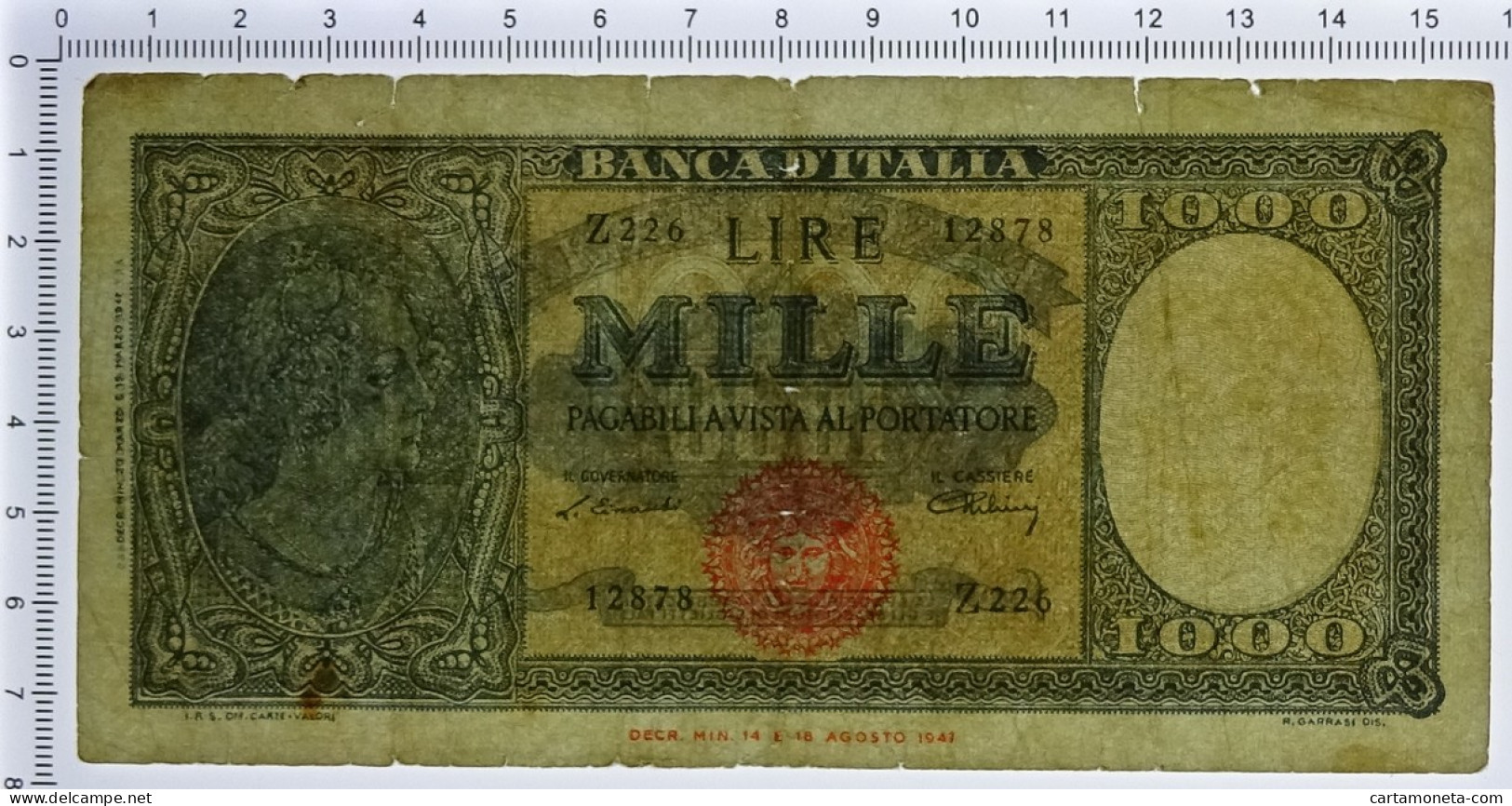 1000 LIRE FALSO D'EPOCA ITALIA ORNATA DI PERLE MEDUSA 20/03/1947 MB/BB - [ 8] Specimen