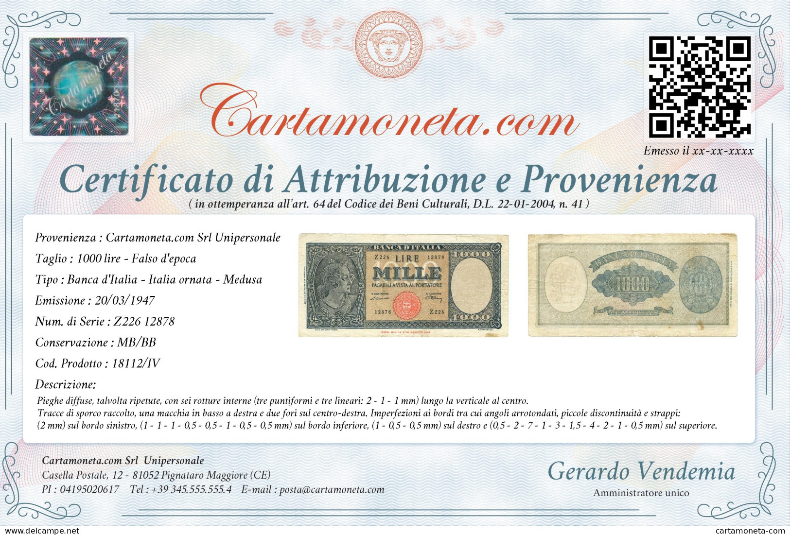 1000 LIRE FALSO D'EPOCA ITALIA ORNATA DI PERLE MEDUSA 20/03/1947 MB/BB - [ 8] Specimen