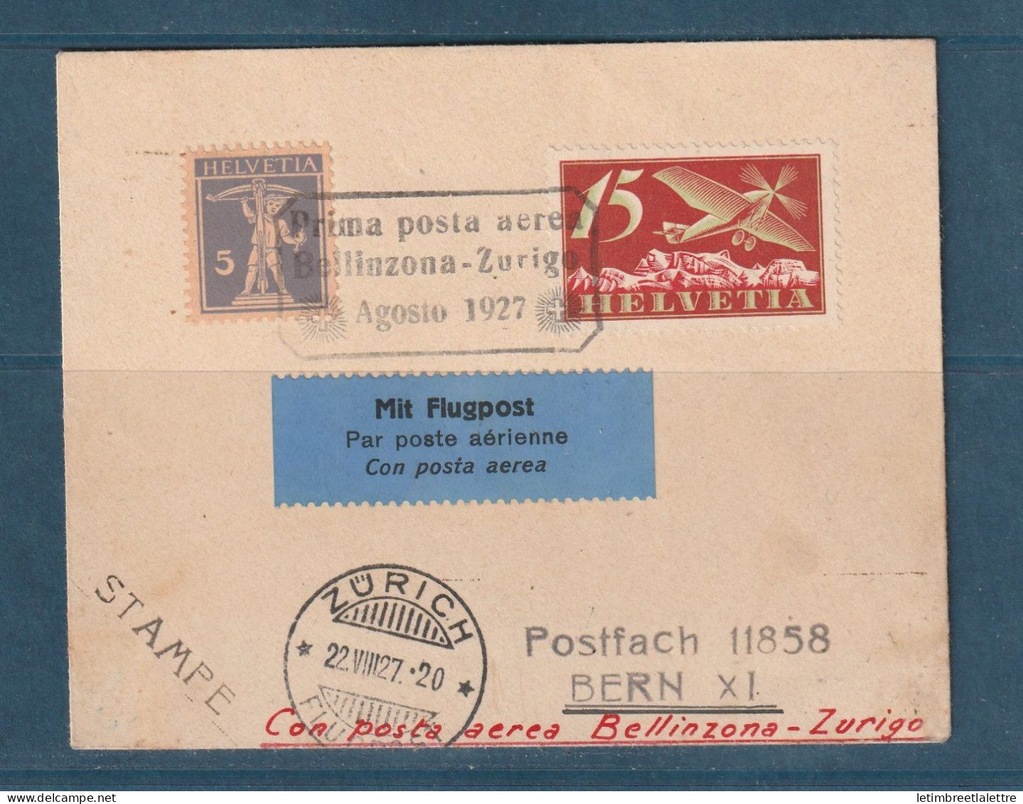 Suisse - Poste Aérienne - Premier Vol Pour Bern - 22 Août 1927 - Postmark Collection
