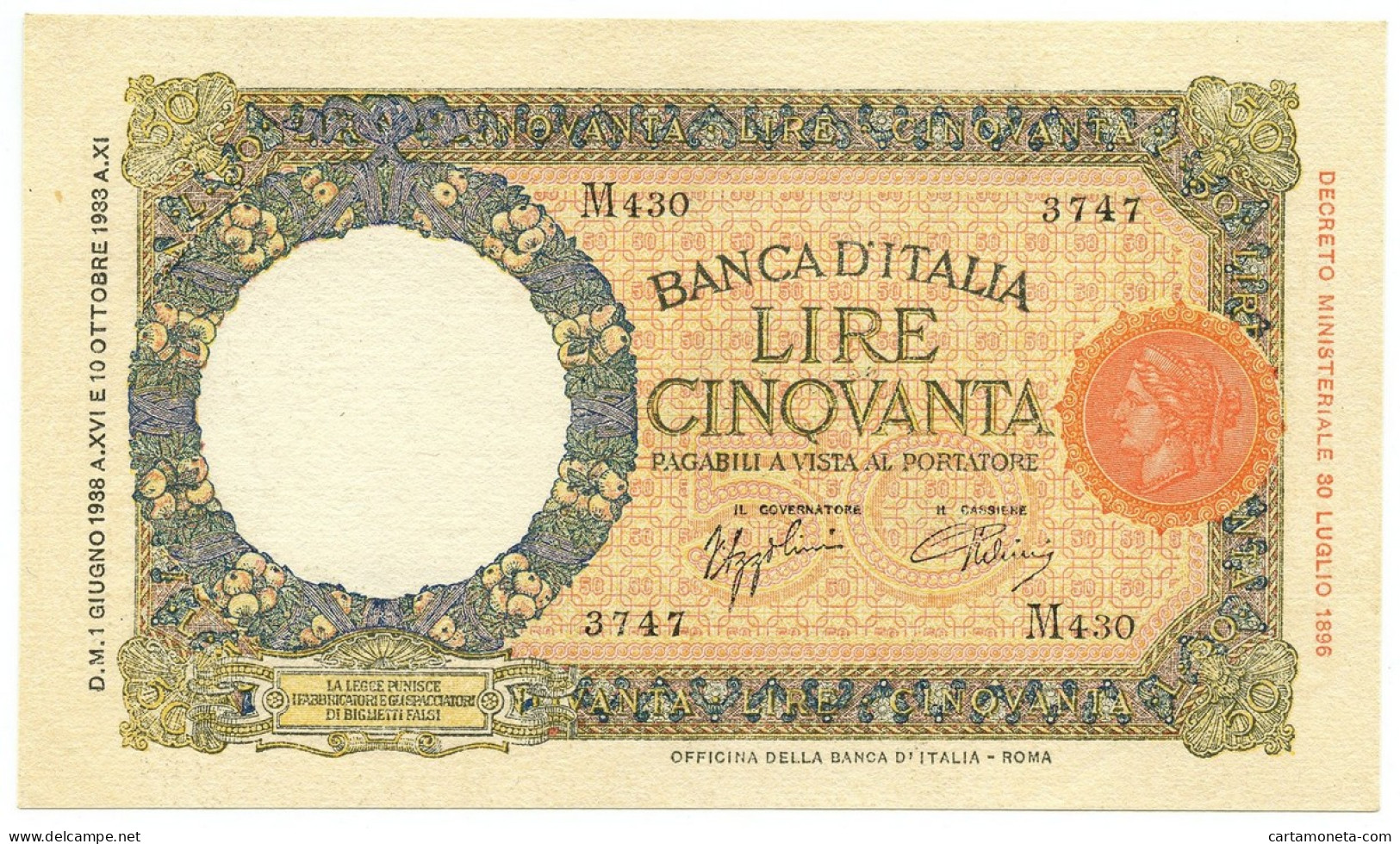 50 LIRE CAPRANESI LUPA CAPITOLINA MARGINE LARGO FASCIO ROMA 01/06/1938 SUP+ - Regno D'Italia - Altri