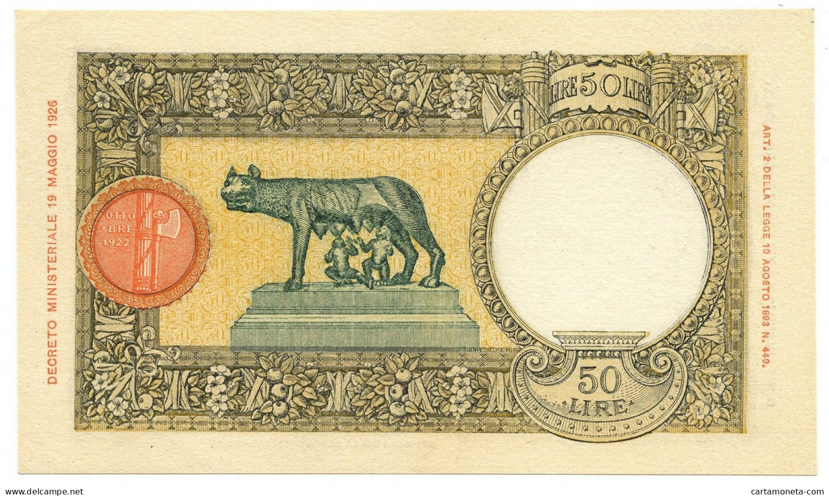 50 LIRE CAPRANESI LUPA CAPITOLINA MARGINE LARGO FASCIO ROMA 01/06/1938 SUP+ - Regno D'Italia – Autres