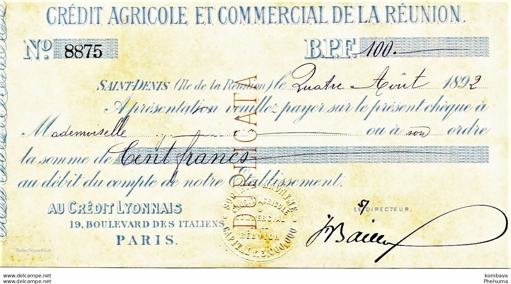 TRES RARE  - Chèque De Banque SA  CREDIT AGRICOLE ET COMMERCIAL DE LA REUNION - 1892 (VP Chèque Crédit Agricole) - Reunion