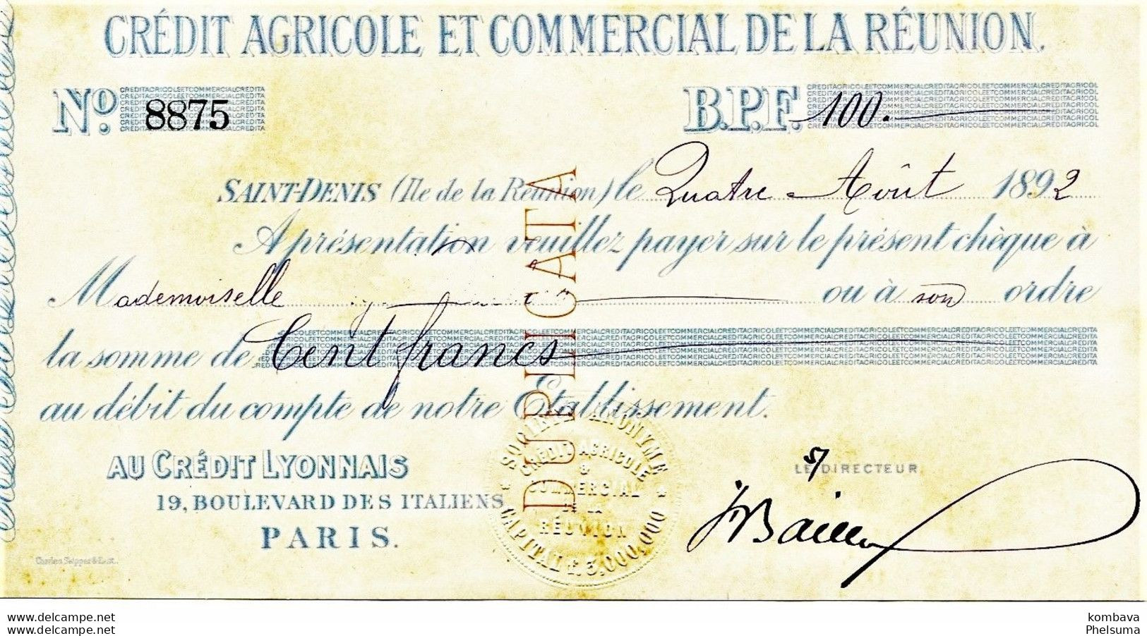 TRES RARE  - Chèque De Banque SA  CREDIT AGRICOLE ET COMMERCIAL DE LA REUNION - 1892 (VP Chèque Crédit Agricole) - Reunión