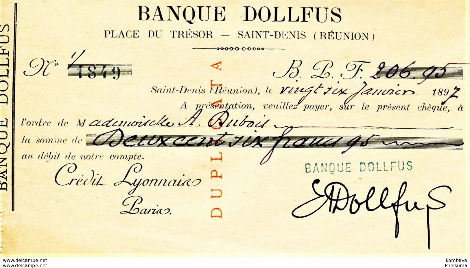 TRES RARE - REUNION - Chèque De La Banque DOLLFUS - 1897 (VP  Ch) - Reunion