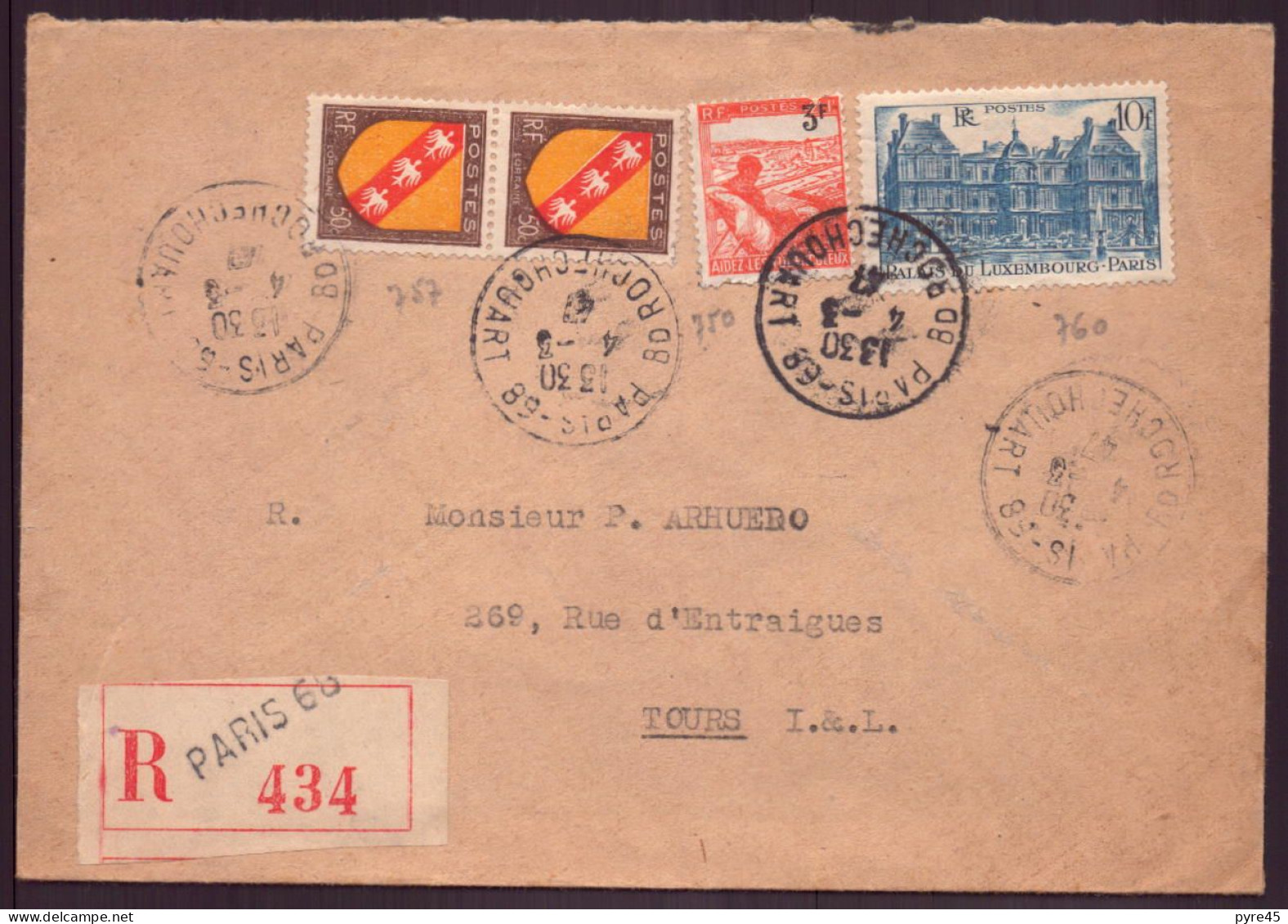 France, Enveloppe  Recommandée Du 4 Mars 1947 De Paris Pour Tours - Other & Unclassified