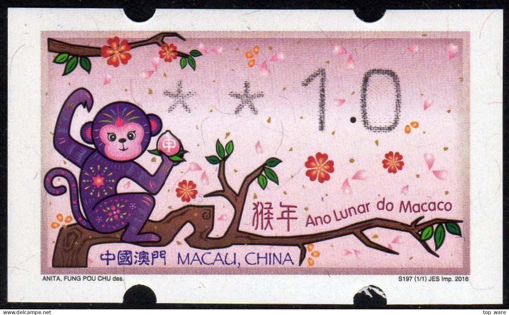 2016 China Macau ATM Stamps Affe Monkey / MNH / Klussendorf Automatenmarken Etiquetas Automatici Distributeur - Distributeurs