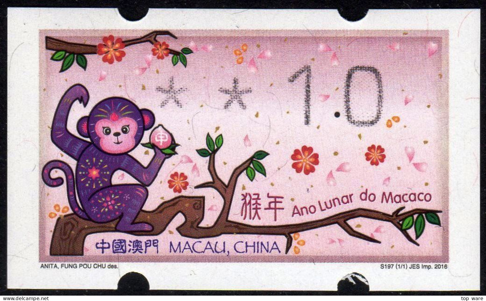 2016 China Macau ATM Stamps Affe Monkey / MNH / Klussendorf Automatenmarken Etiquetas Automatici Distributeur - Automatenmarken