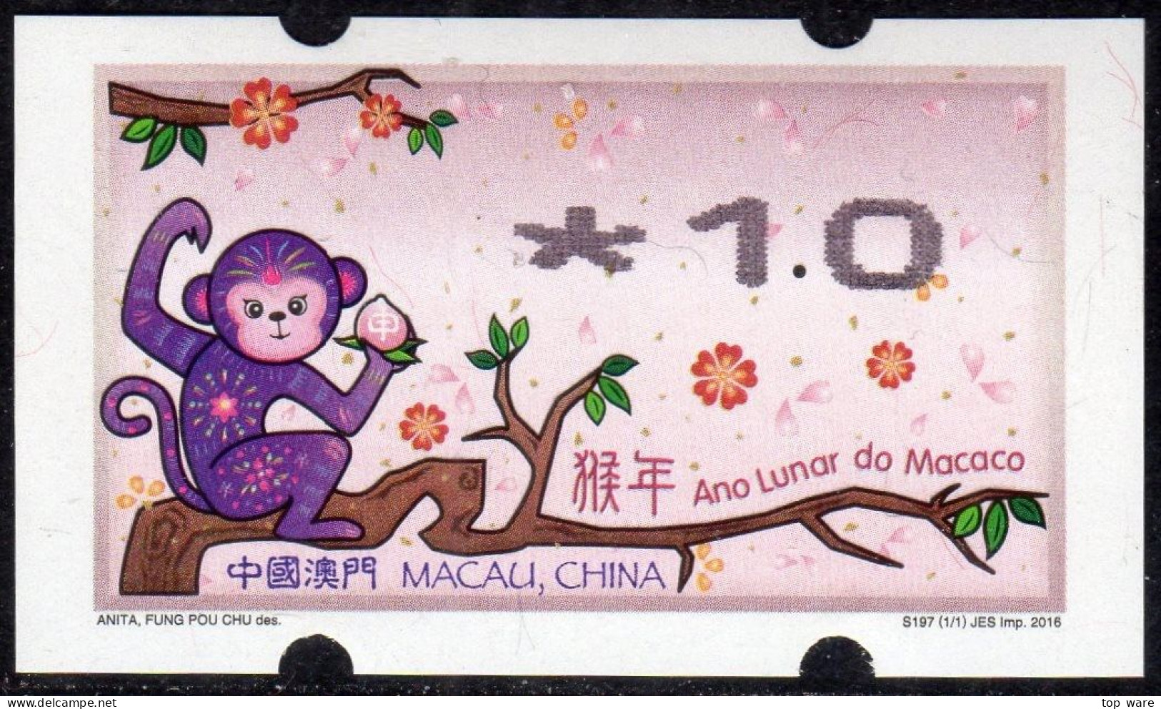 2016 China Macau ATM Stamps Affe Monkey / MNH / Nagler Automatenmarken Etiquetas Automatici Distributeur - Automatenmarken