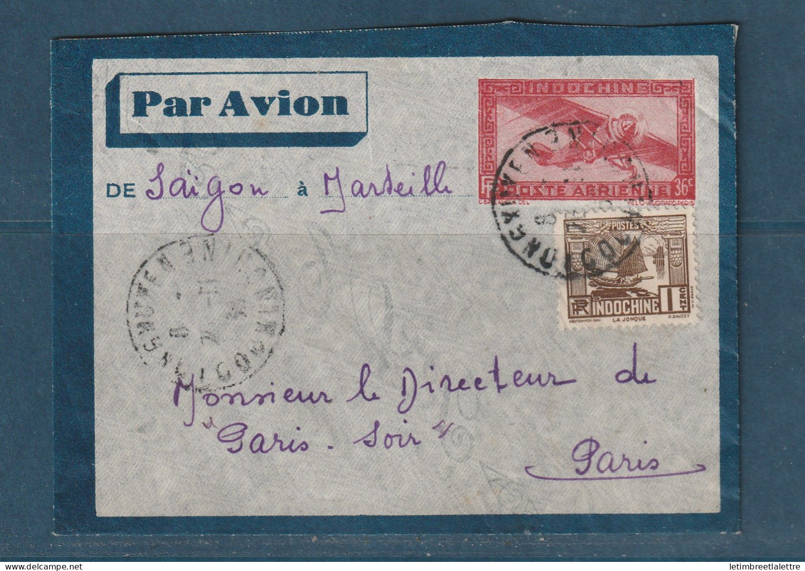 Indochine - Entier Postal - De Saïgon à Marseille - Cachet Cercle Franco Annamite Longxuyen - Poste Aérienne