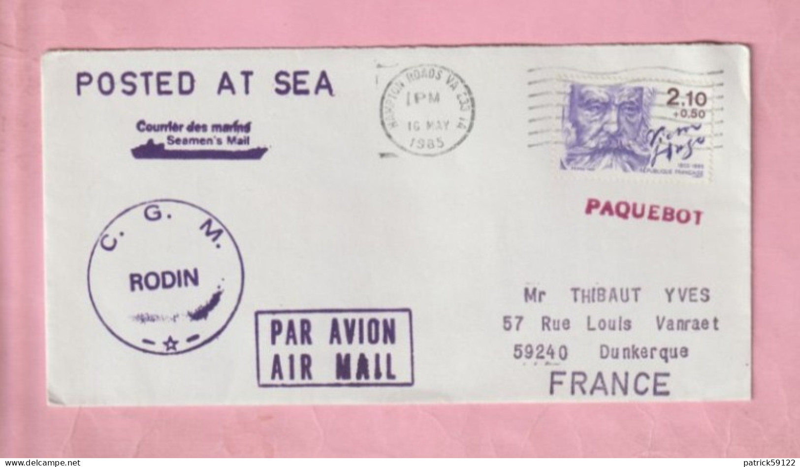 ENVELOPPE POSTED AT SEA / COURRIERS DES MARINS  - C G M / COMPAGNIE GENERALE MARITIME RODIN - HAMPTON - 1985 - Storia Postale