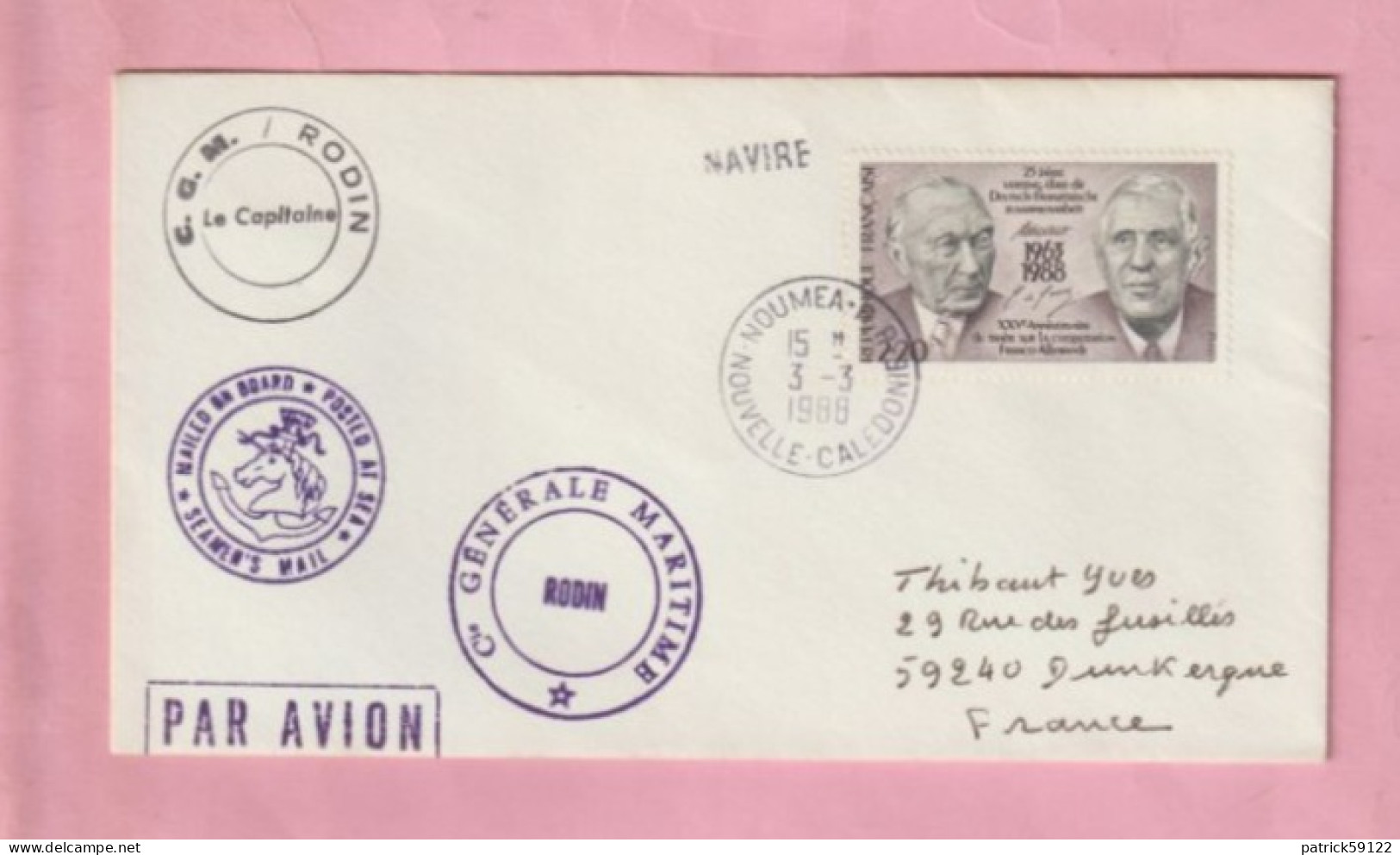 ENVELOPPE POSTED AT SEA   - C G M / COMPAGNIE GENERALE MARITIME RODIN - NOUMEA  - 1988 - Lettres & Documents
