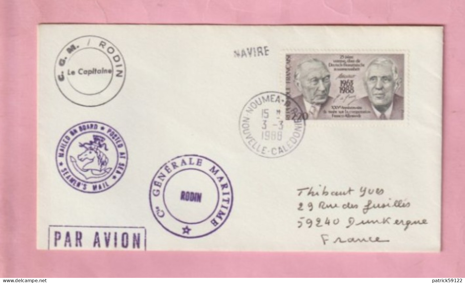 ENVELOPPE POSTED AT SEA   - C G M / COMPAGNIE GENERALE MARITIME RODIN - NOUMEA  - 1988 - Storia Postale