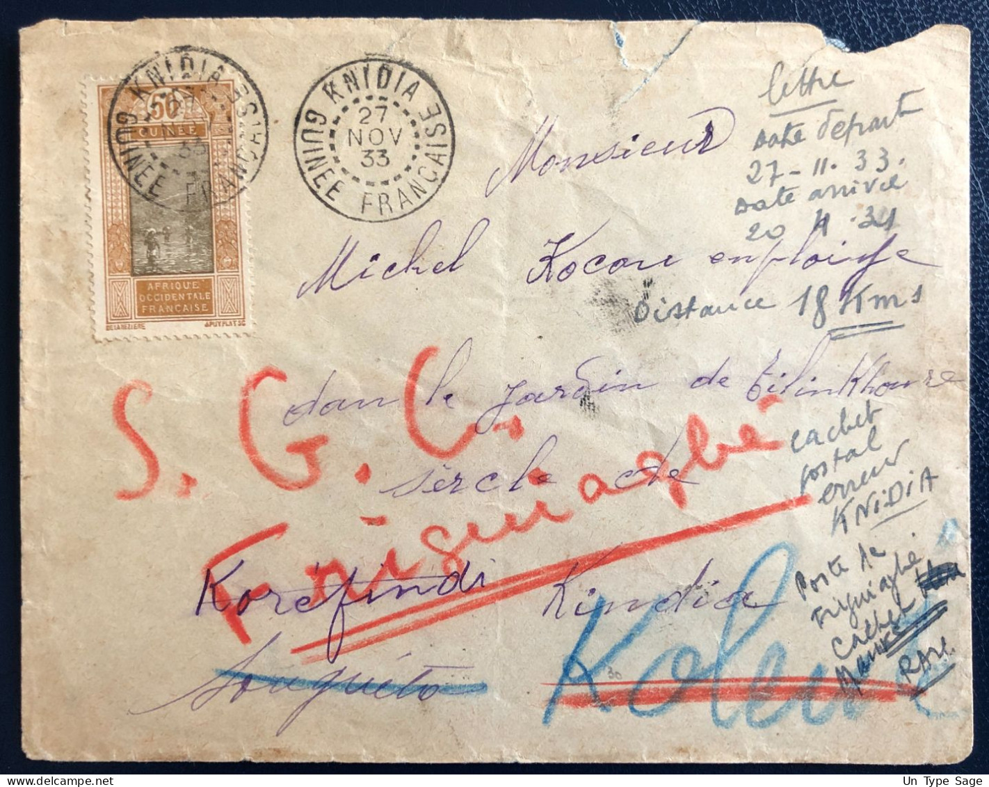 Guinée Française, Divers Sur Enveloppe, TAD KNIDIA 27.11.1933 - (B4685) - Briefe U. Dokumente