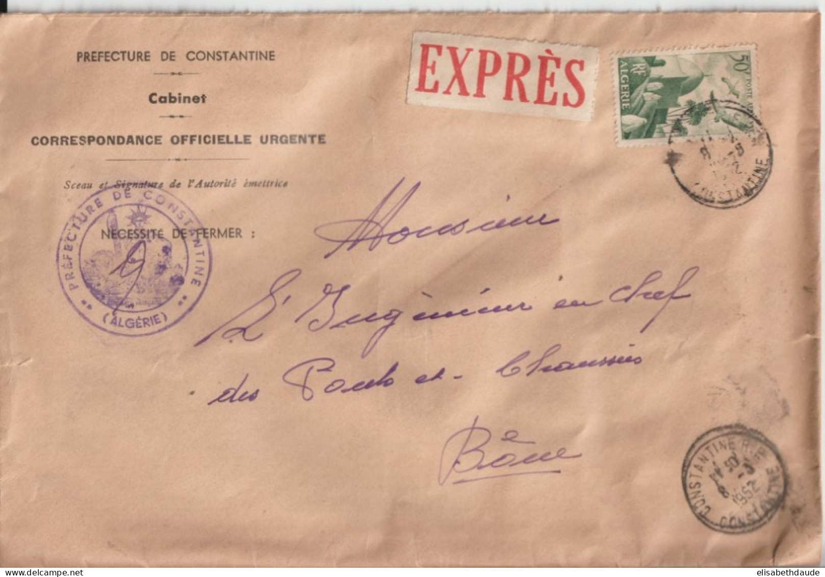 1952 - ALGERIE - POSTE AERIENNE ! SEUL SUR LETTRE EXPRES !! PREFECTURE De CONSTANTINE => BONE - Cartas & Documentos