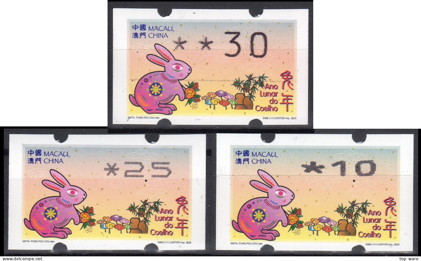 2023 China Macao Macau ATM Stamps Année Du Lapin / Tous Types D'imprimantes Klussendorf Nagler Newvision Automatenmarken - Automaten
