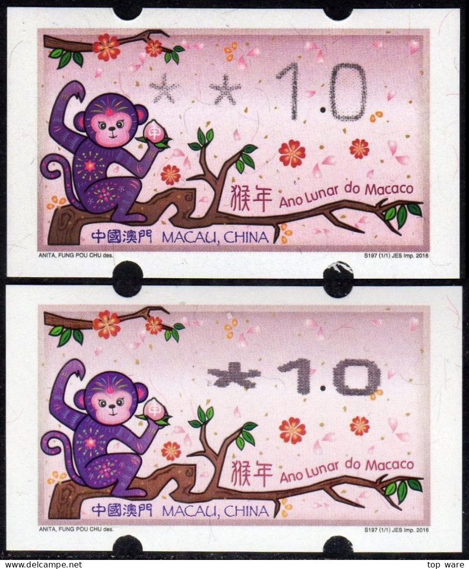 2016 Chine Macao Macau ATM Stamps Année Du Singe / Les Deux Types D'imprimantes Klussendorf Nagler Distributeur - Automaten