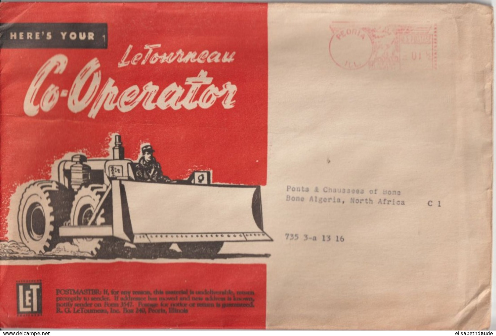 1950 ENVIRON - USA - EMA SANS DATE ! SUPERBE ENVELOPPE PUB ILLUSTREE "TRACTEURS LETOURNEAU" De PEORIA (ILL) - Postal History