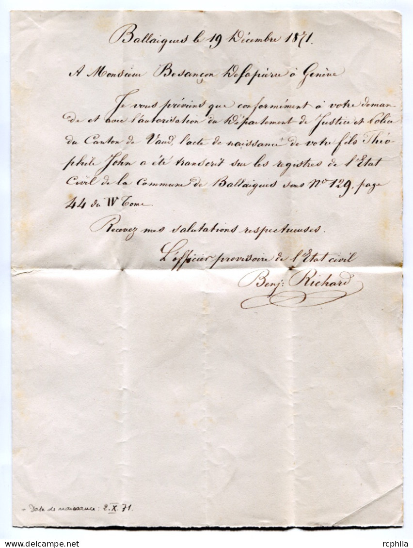 RC 24733 SUISSE 1871 LETTRE PAIRE DE 10c DE BALLAIGUES POUR GENEVE AVEC CORRESPONDANCE - Brieven En Documenten