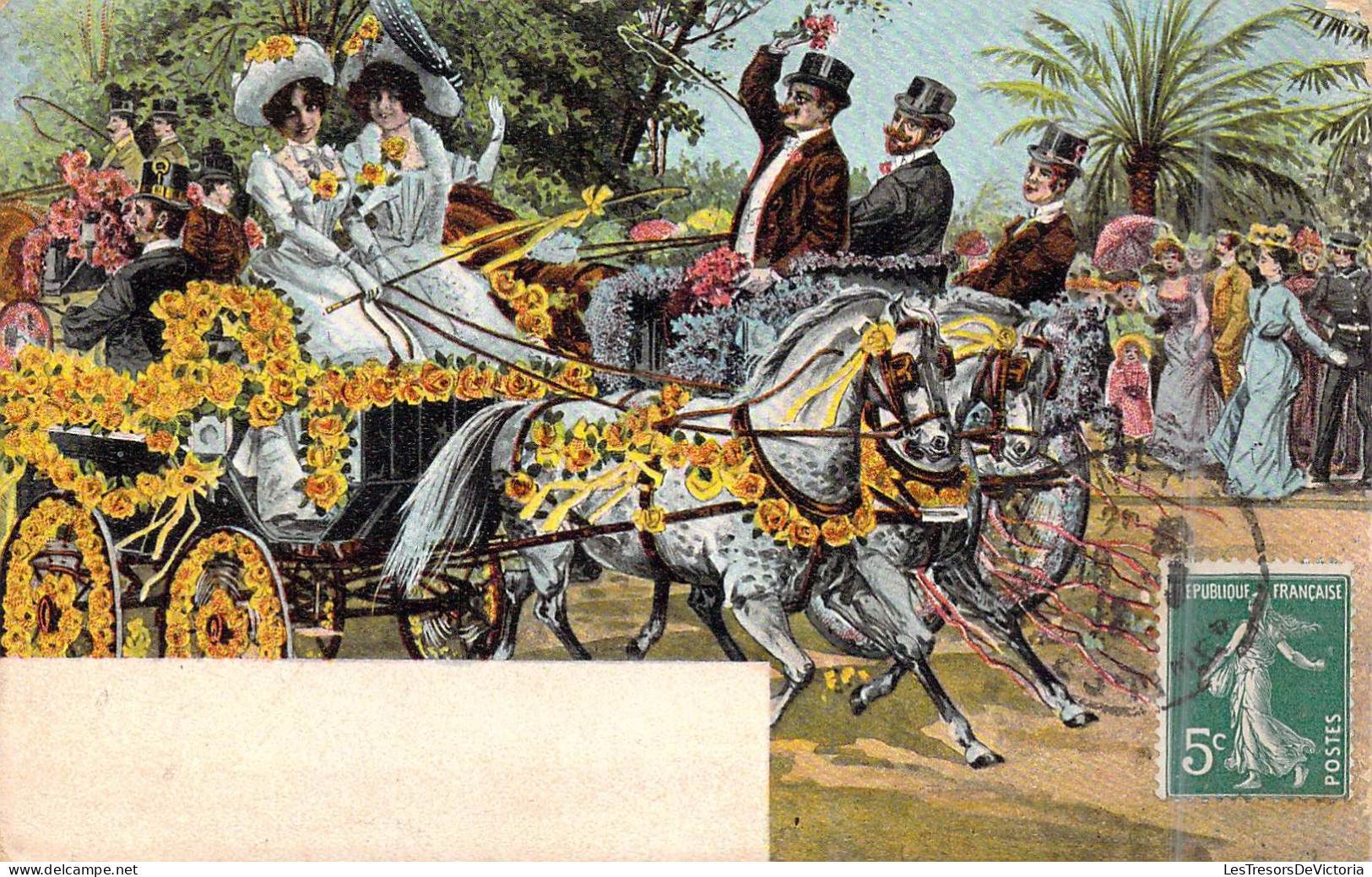 TRANSPORTS - Carrosse - Chevaux - Fleurs - Chapeaux - Robes - Carte Postale Ancienne - Autres & Non Classés
