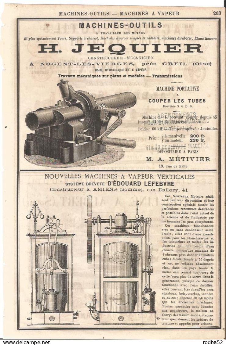 Publicité Ancienne Machines Outils Jequier  Nogent Vierges Machines Vapeur Edouard Lefebvre Jules Jacquot Bienville 52 - Pubblicitari