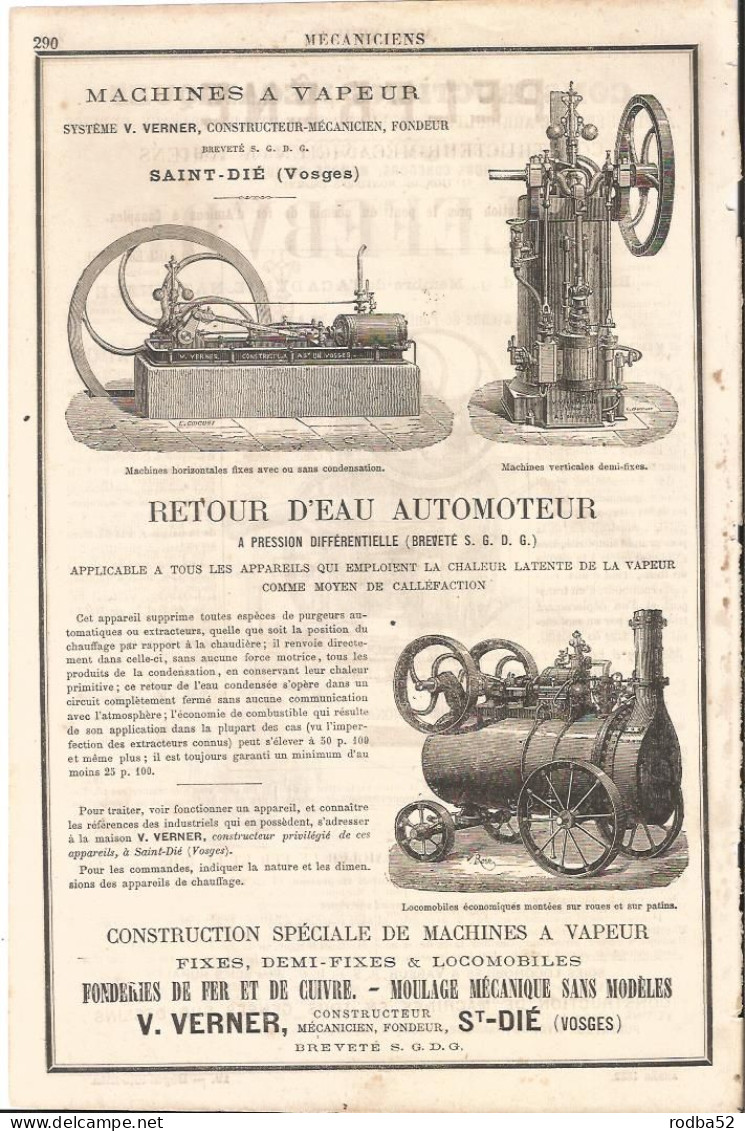 Publicité Ancienne Machines Oà Vapeur Verner Saint Dié Vosges Constructions Mécaniques Lefebvre Le Mans - Pubblicitari