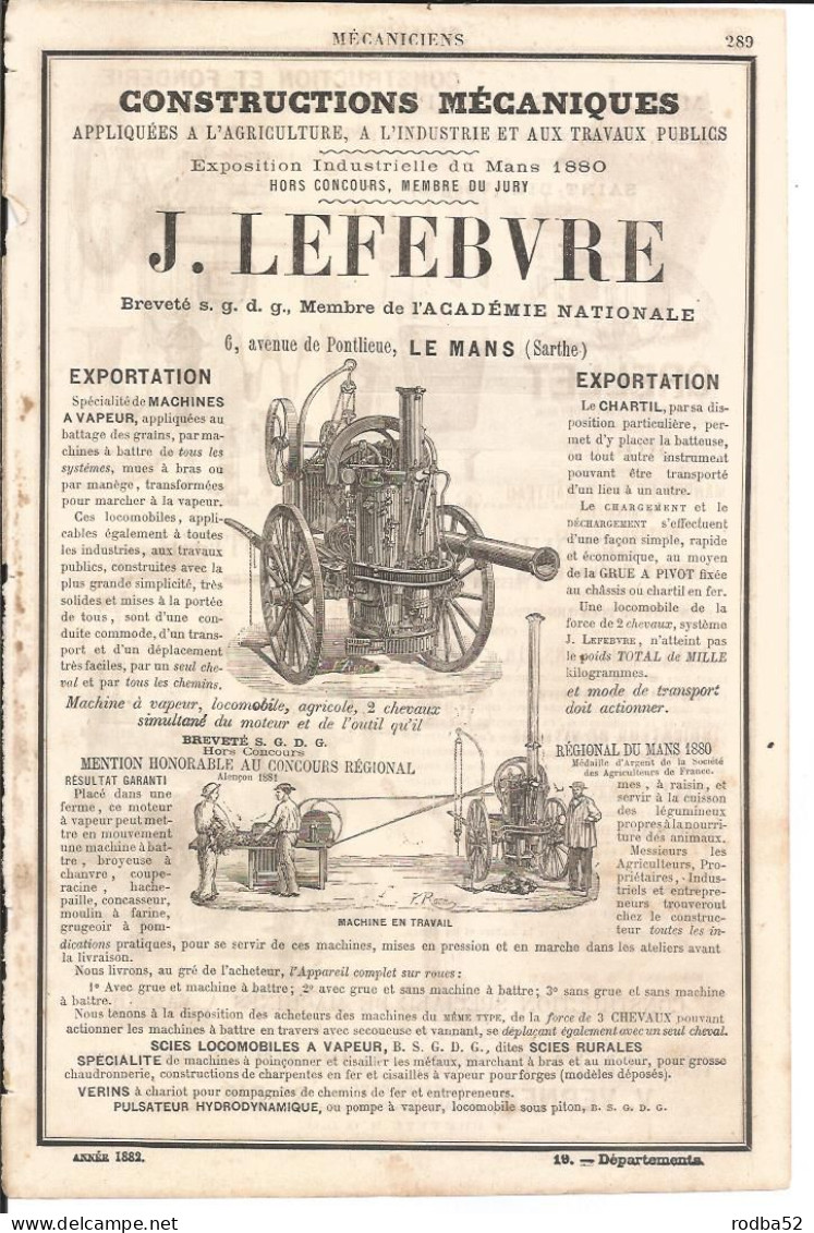 Publicité Ancienne Machines Oà Vapeur Verner Saint Dié Vosges Constructions Mécaniques Lefebvre Le Mans - Publicités