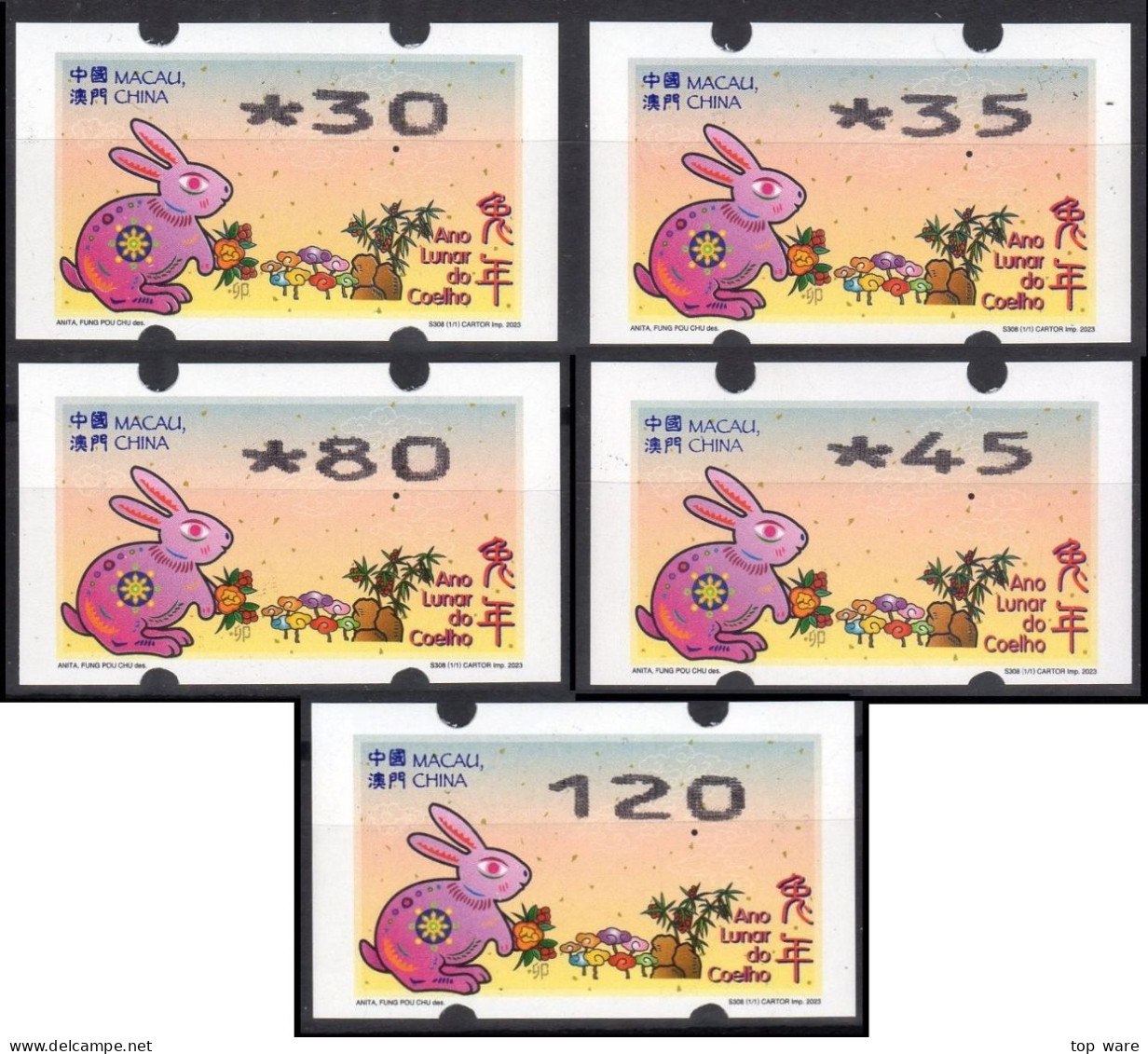 2023 China Macau ATM Stamps Hase Rabbit / Satz 5 Werte **  Nagler Automatenmarken Automatici Etiquetas Automatici - Automaten