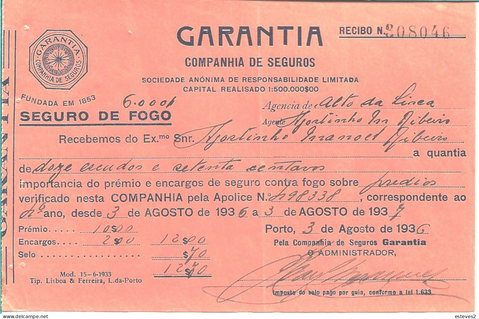 Portugal , GARANTIA  Seguros , Receipt Of Insurance , 1936 , Printed By Lisboa & Ferreira , Orange  , Mod. 15  6-1933 - Portugal