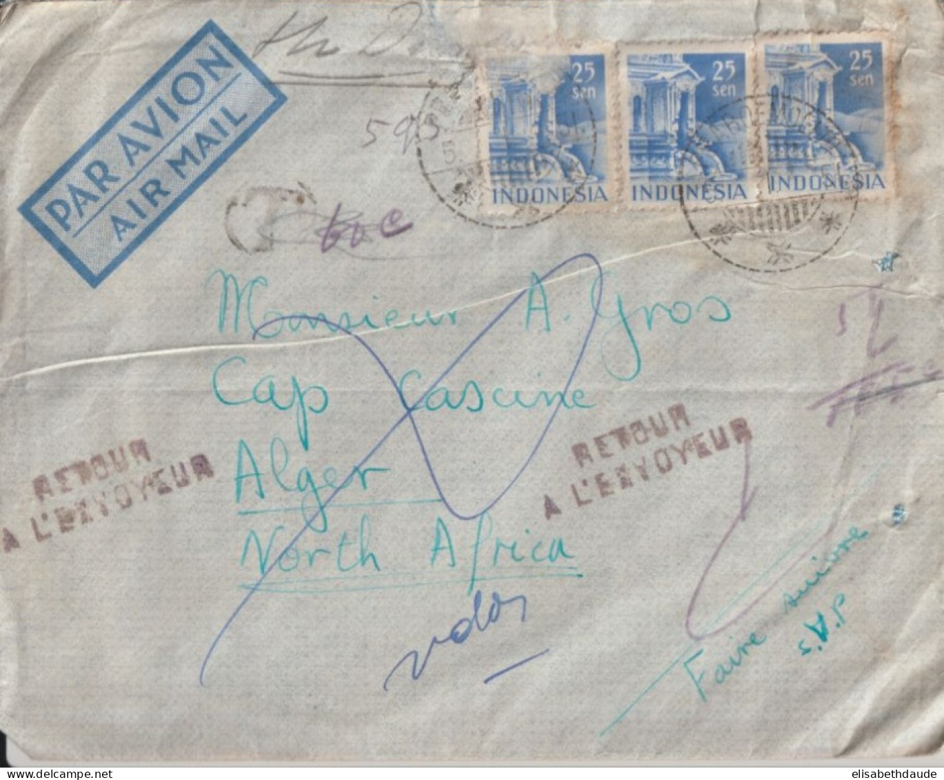 INDONESIE / ALGERIE - 1951 - RARE OBLITERATION CAP CAXINE (ALGER) Au DOS ENVELOPPE AVION De SUMATRA => RETOUR à ENVOYEUR - Covers & Documents