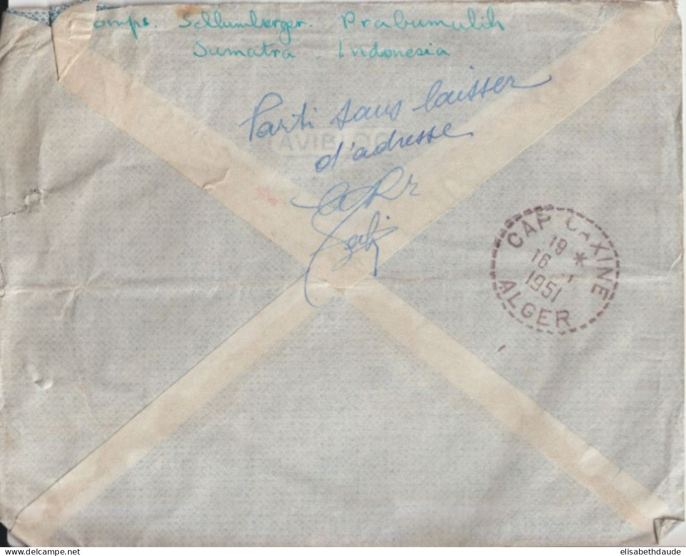 INDONESIE / ALGERIE - 1951 - RARE OBLITERATION CAP CAXINE (ALGER) Au DOS ENVELOPPE AVION De SUMATRA => RETOUR à ENVOYEUR - Lettres & Documents