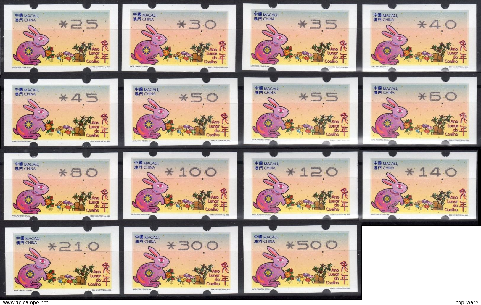 2023 China Macau ATM Stamps Hase Rabbit / Satz 15 Werte ** Newvision Automatenmarken Automatici Etiquetas Automatici - Distributors